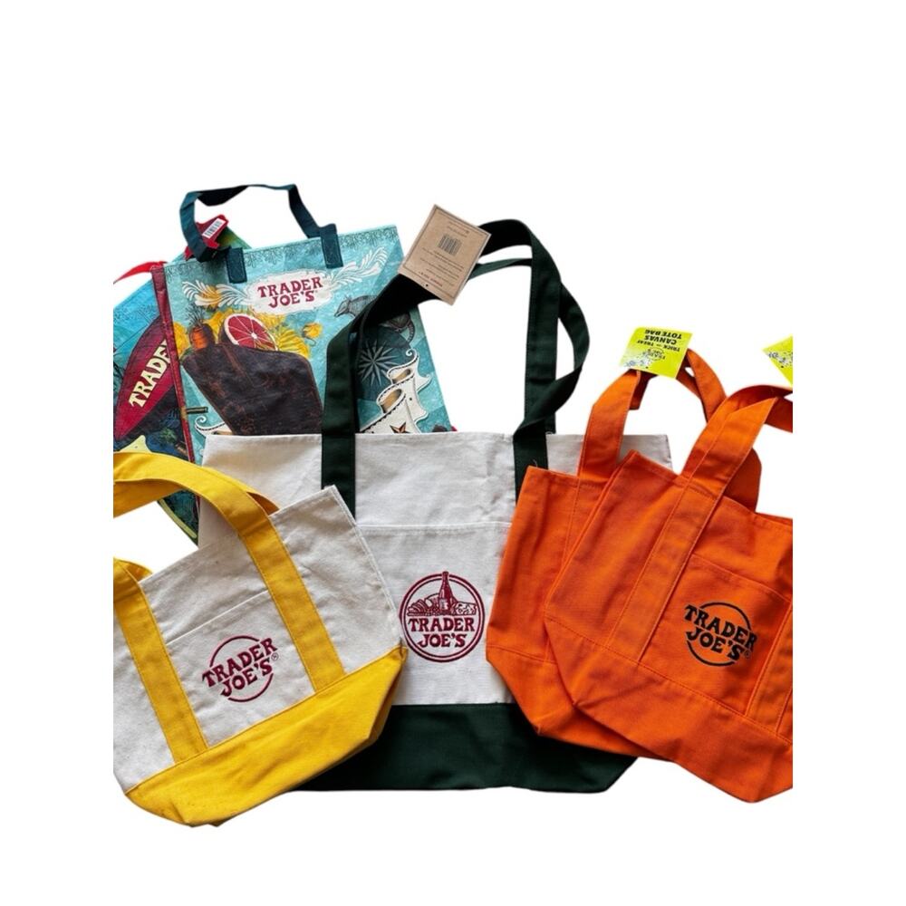 6 Trader Joe's Bags Large Mini Canvas Tote Bags/2 Reusable Bags 2025 Texas Ohio